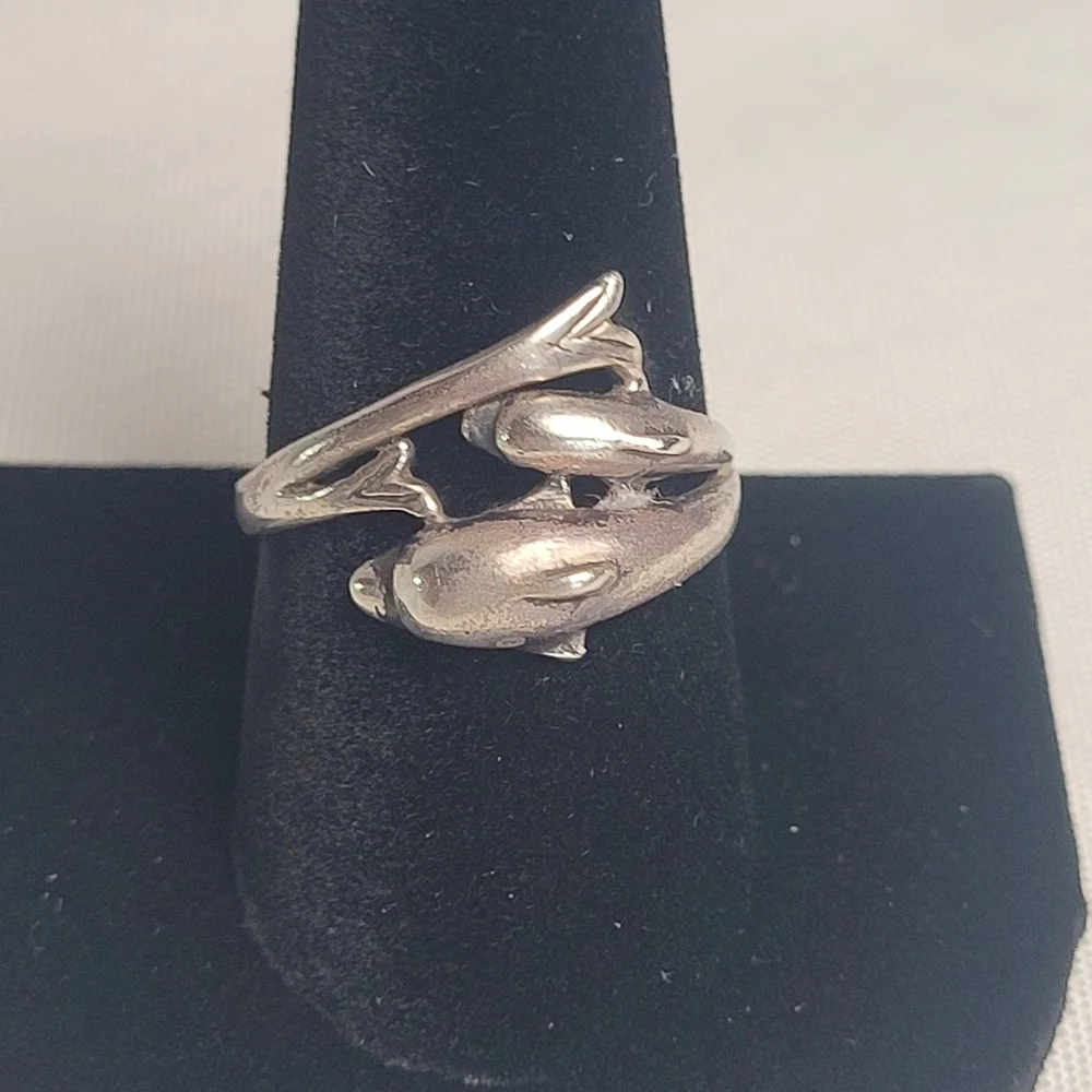 925 Sterling Silver Dolphin Wrap Ring - Women's Silver vintage